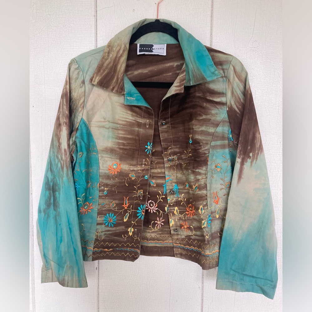 Rhonda Stark turquoise brown tie dye embroidered floral jacket size M
